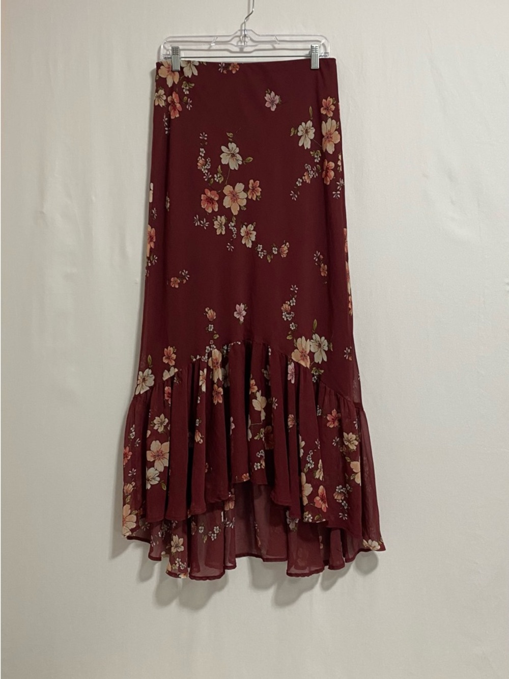 Floral Ruffle Hem Maxi Skirt - Burgundy westerport
